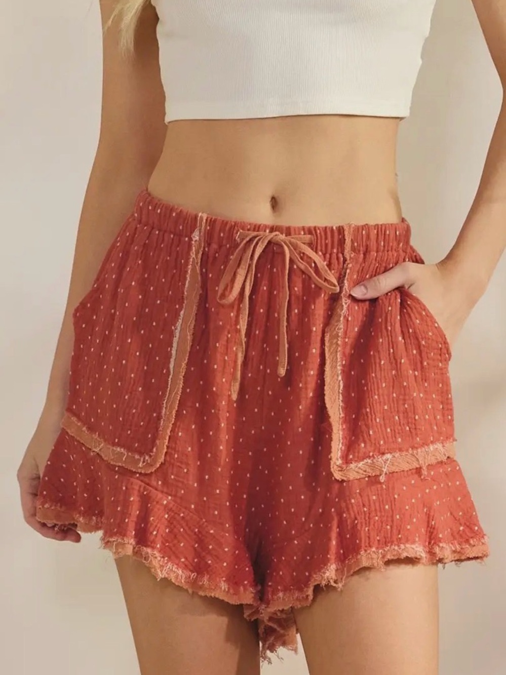 New Sage & Fig Women's Rust Drawstring Polka-Dot Bermuda Shorts Cotton Gauze S